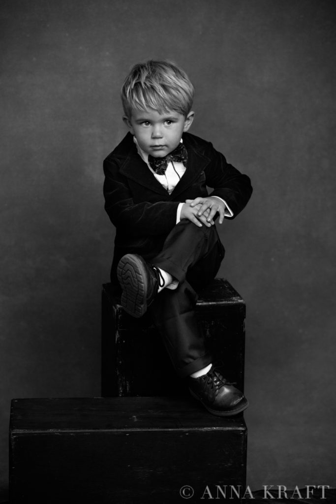 Luxury family Portrait child son red velvet jacket children salon black and white