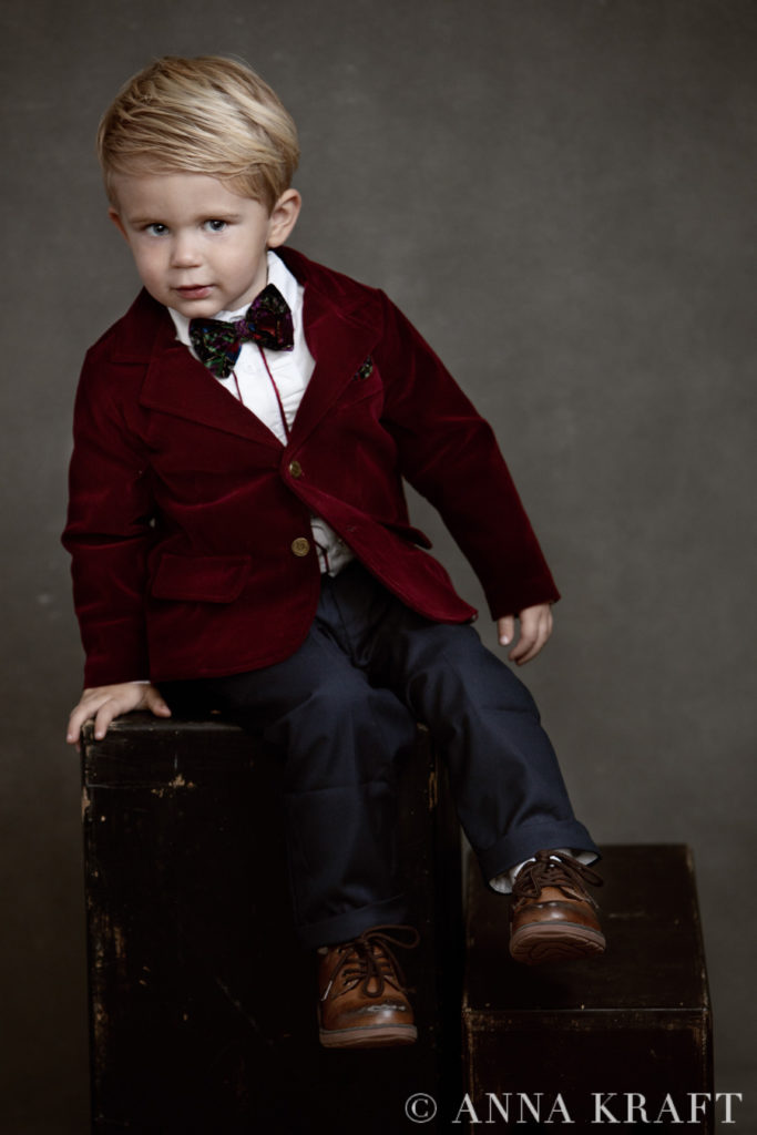 Luxury family Portrait child son red velvet jacket children salon